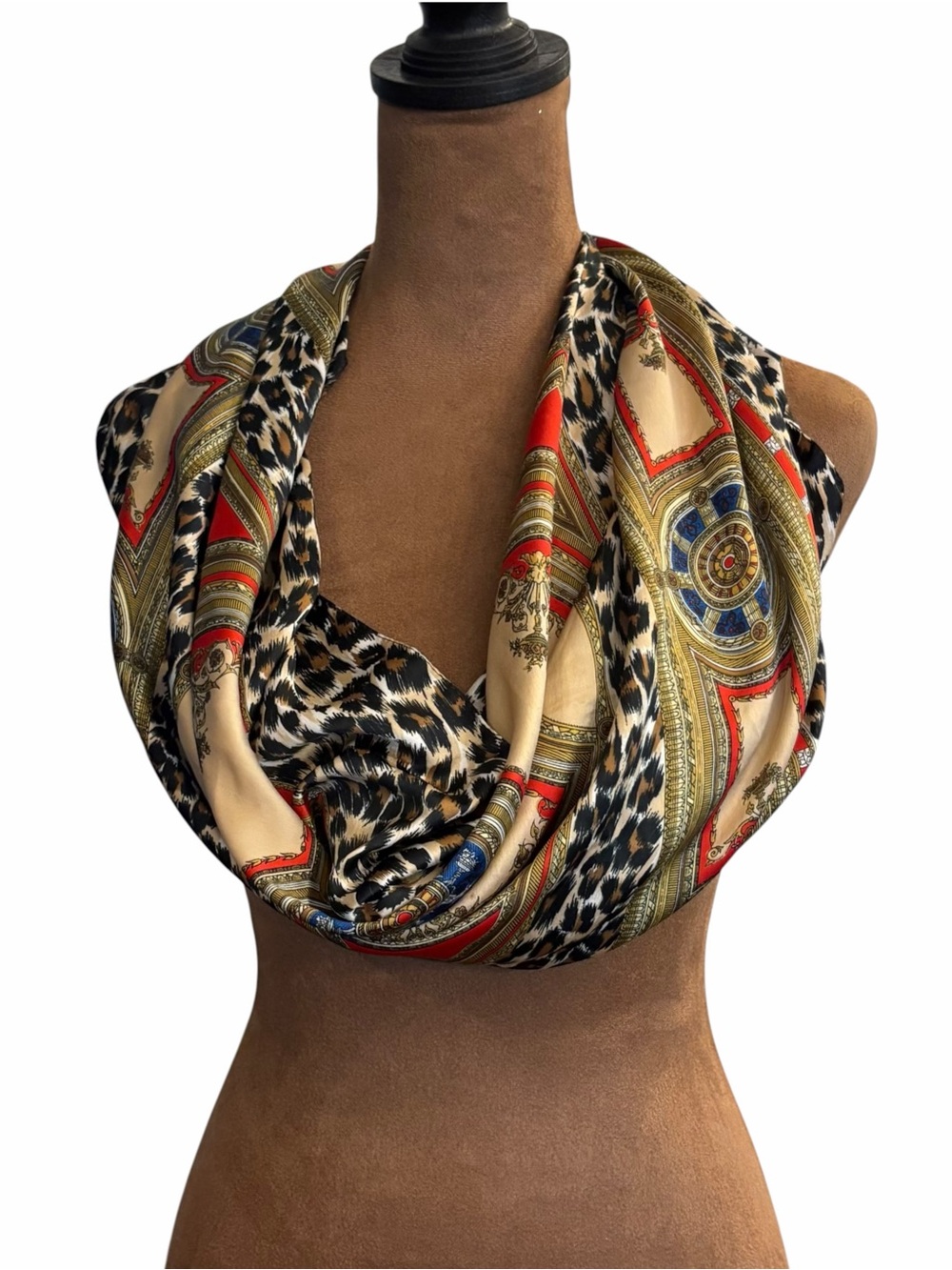 Large Square Scarf 34x34” Venetian Art Red Gold Blue Animal Print Border Preppy